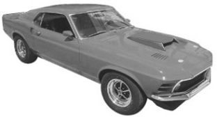 1969 Ford Mustang Mach 1 with front spoiler, 429 Boss hood scoop, hood louvers, extended rear spoiler, and 1970 Mustang front corner posts and twin headlight scheme.