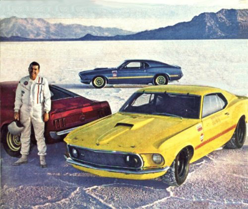 Famed racer Mickey Thompson with his record-setting Mustangs at Bonneville
